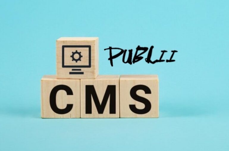 Publii CMS concept: wooden cubes with a “CMS” abbreviation and a PC monitor