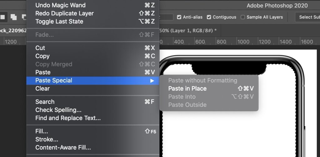 Photoshop menu with Paste In Place function