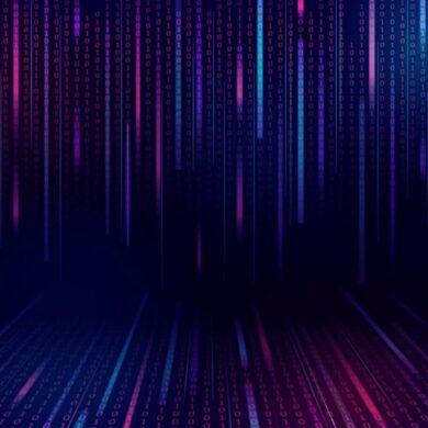 Digital binary code streams descending on a dark blue background, symbolizing data processing