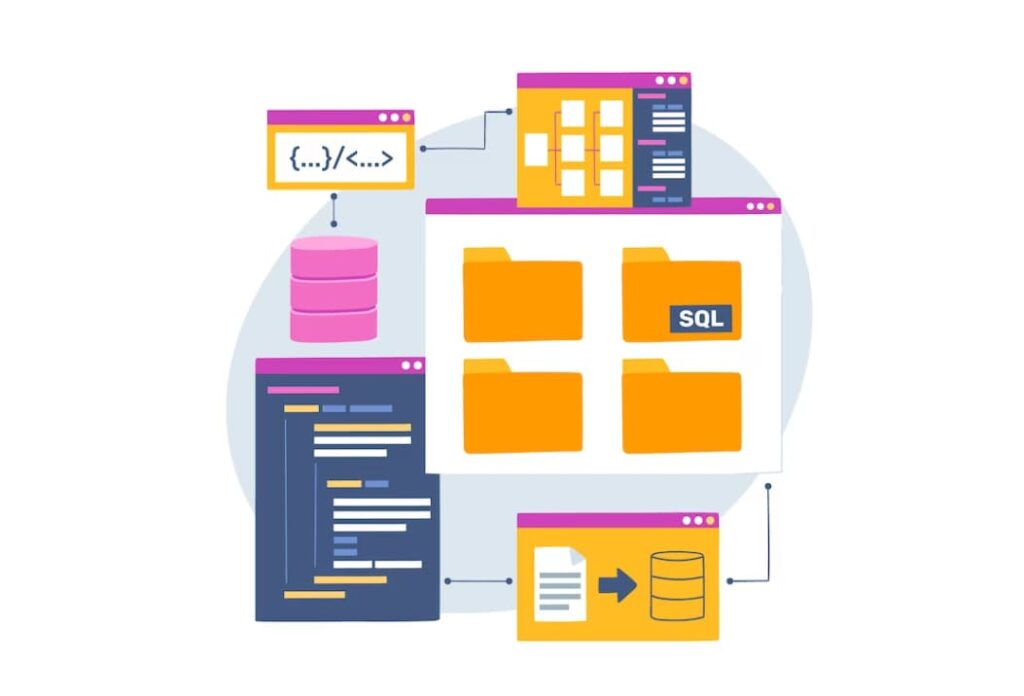 Graphic of data management with code, database, file folders, SQL, and data transfer icons