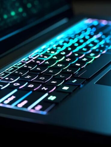 A laptop keyboard illuminated by multicolored backlighting in a dimly lit room