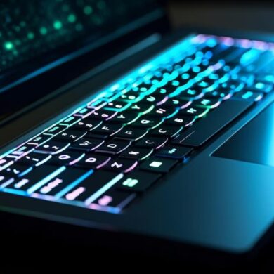 A laptop keyboard illuminated by multicolored backlighting in a dimly lit room