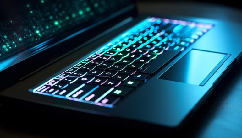 A laptop keyboard illuminated by multicolored backlighting in a dimly lit room