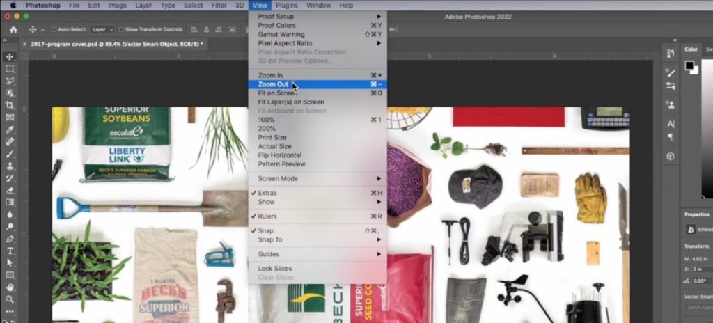 Photoshop menu with Zooming In and Out function