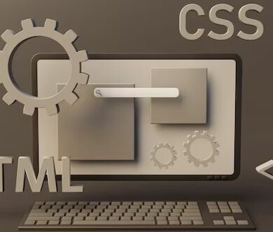 Web page programming elements next to computer